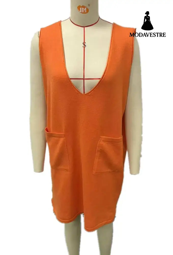 Knitted Medium Long Double Sided Vest Skirt Autumn/Winter New Korean Solid Color Sleeveless Versatile Dress Orange / S