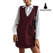 Knitted Medium Long Double Sided Vest Skirt Autumn/Winter New Korean Solid Color Sleeveless Versatile Dress Red / S