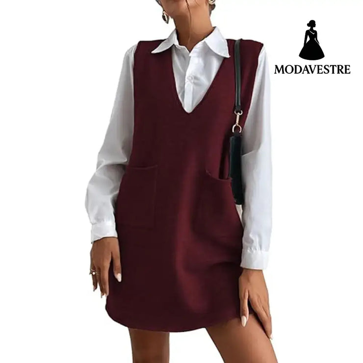 Knitted Medium Long Double Sided Vest Skirt Autumn/Winter New Korean Solid Color Sleeveless Versatile Dress Red / S