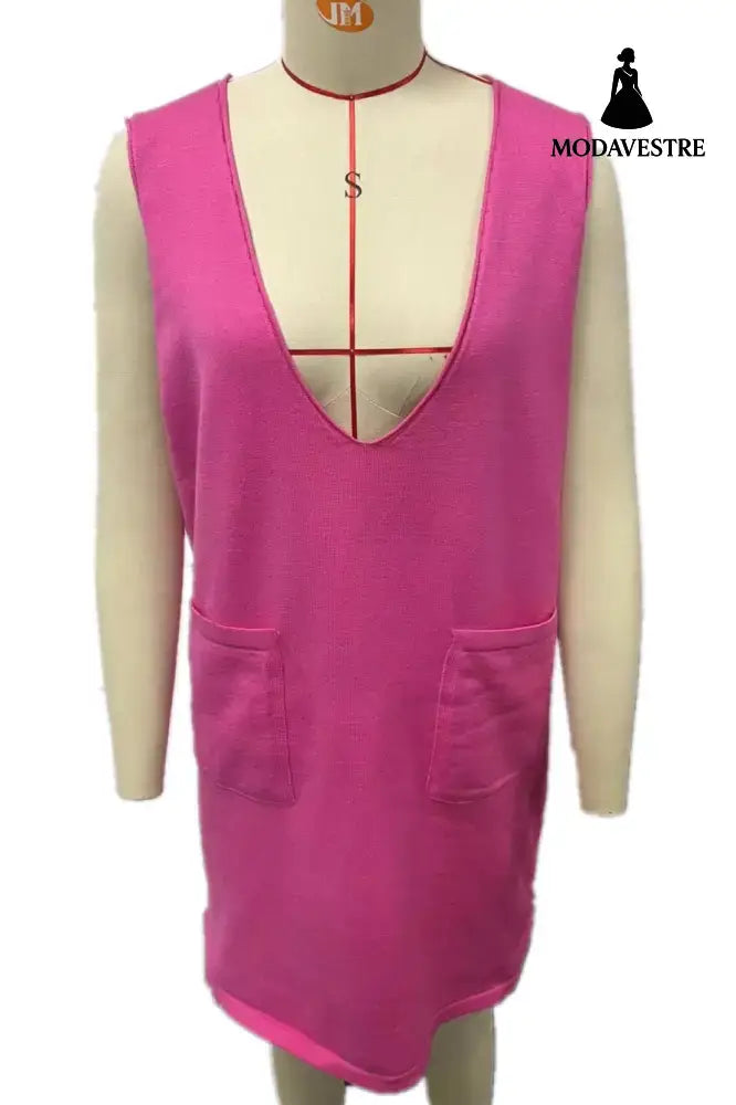 Knitted Medium Long Double Sided Vest Skirt Autumn/Winter New Korean Solid Color Sleeveless Versatile Dress Rose Red / S