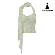Lace Lightweight Breathable Hot Girl Backless Halter Vest Top Green European Code / L