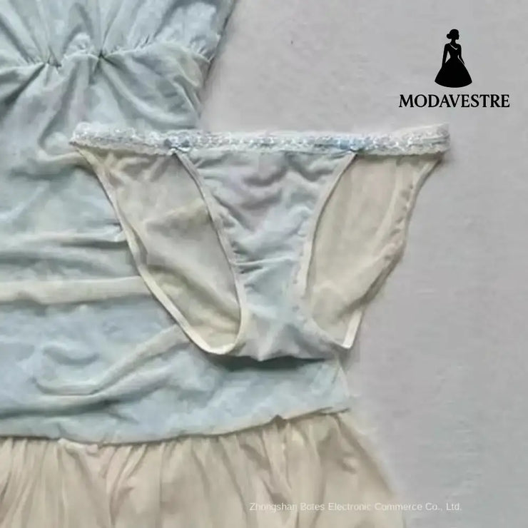 Lace Trim Summer Sleepwear Set – Light Blue Dress & Panty