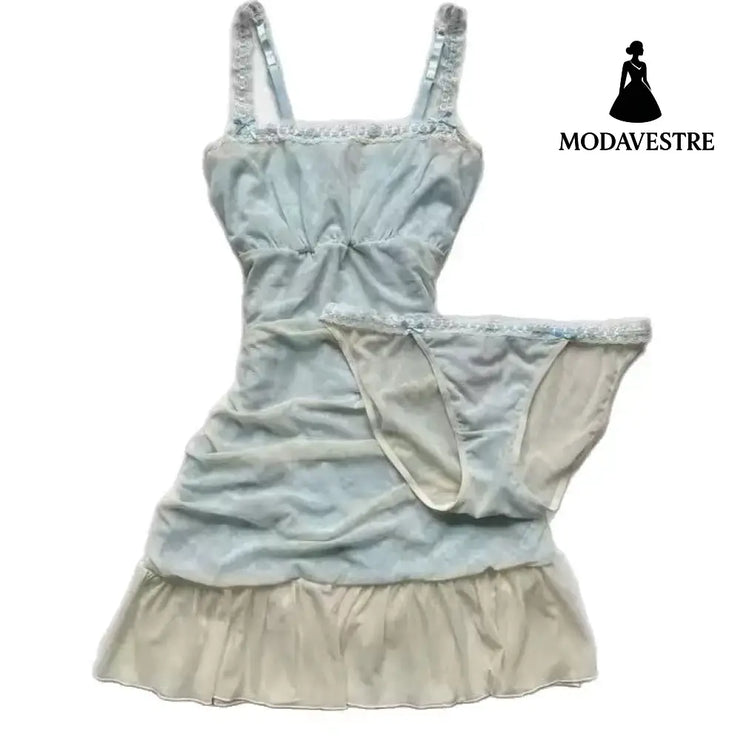 Lace Trim Summer Sleepwear Set – Light Blue Dress & Panty