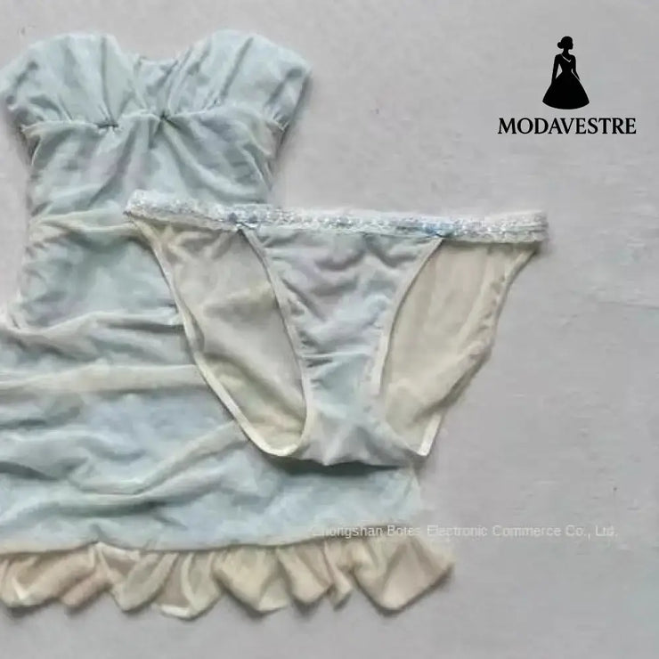 Lace Trim Summer Sleepwear Set – Light Blue Dress & Panty