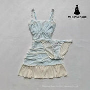 Lace Trim Summer Sleepwear Set – Light Blue Dress & Panty