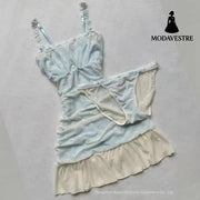 Lace Trim Summer Sleepwear Set – Light Blue Dress & Panty