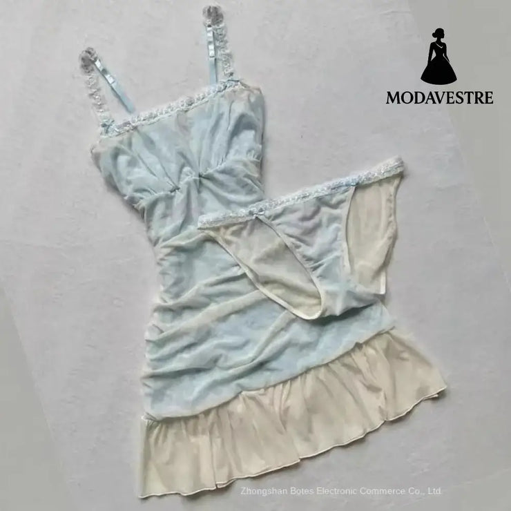 Lace Trim Summer Sleepwear Set – Light Blue Dress & Panty
