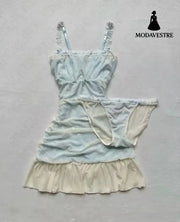 Lace Trim Summer Sleepwear Set – Light Blue Dress & Panty Light Blue / S