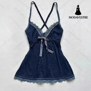 Lace Trim V-Neck Cami Top – Dark Blue Cross-Back Strap Design