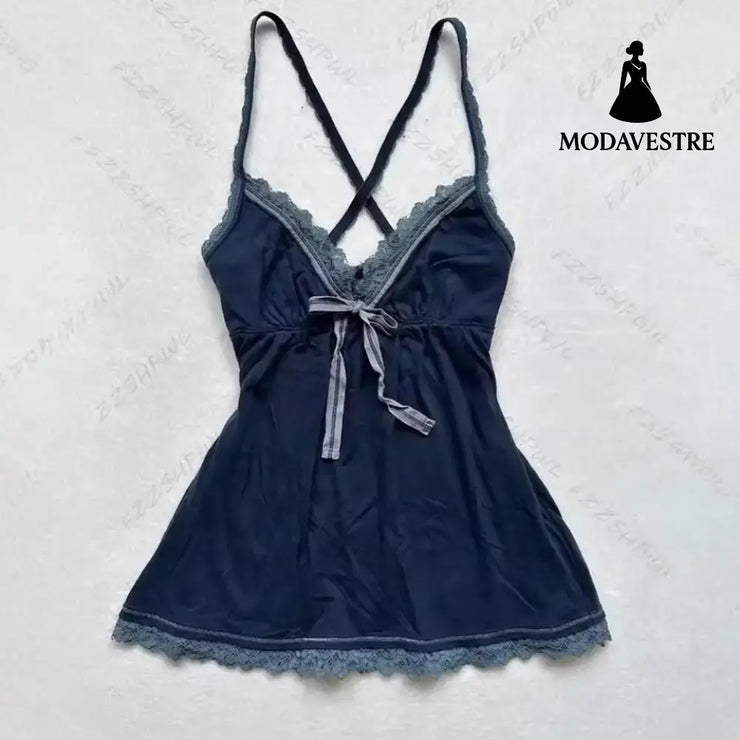 Lace Trim V-Neck Cami Top – Dark Blue Cross-Back Strap Design