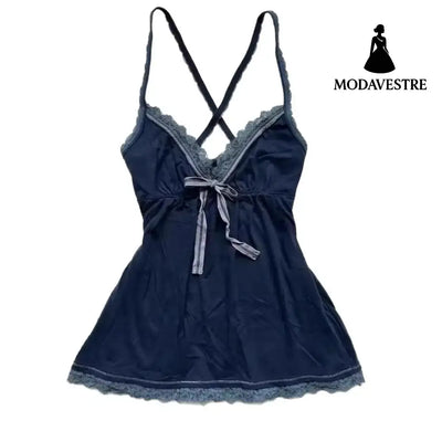 Lace Trim V-Neck Cami Top – Dark Blue Cross-Back Strap Design