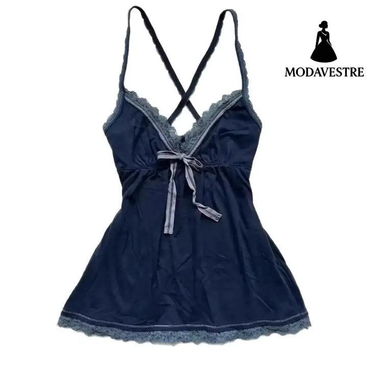 Lace Trim V-Neck Cami Top – Dark Blue Cross-Back Strap Design