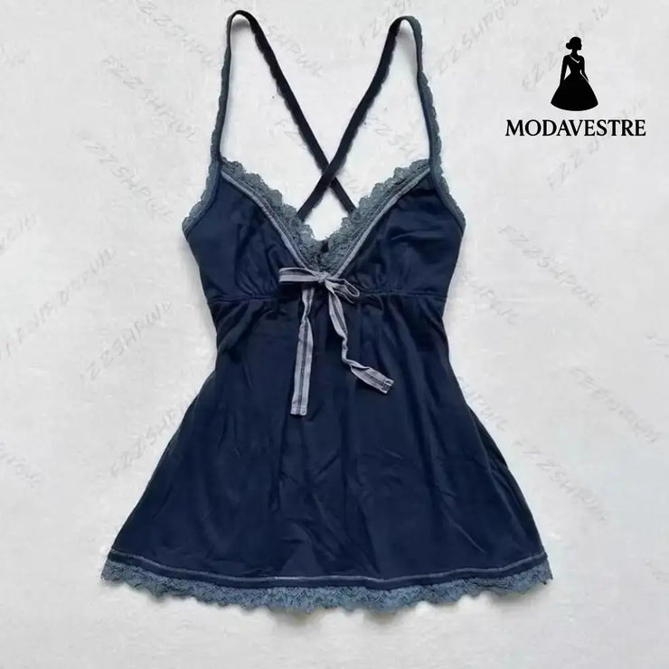 Lace Trim V-Neck Cami Top – Dark Blue Cross-Back Strap Design