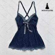 Lace Trim V-Neck Cami Top – Dark Blue Cross-Back Strap Design