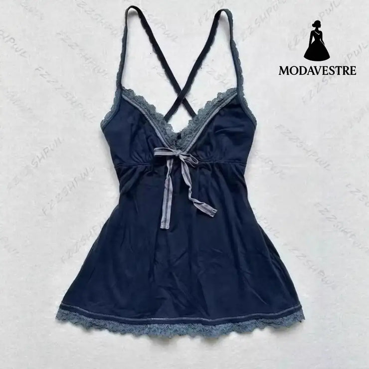 Lace Trim V-Neck Cami Top – Dark Blue Cross-Back Strap Design
