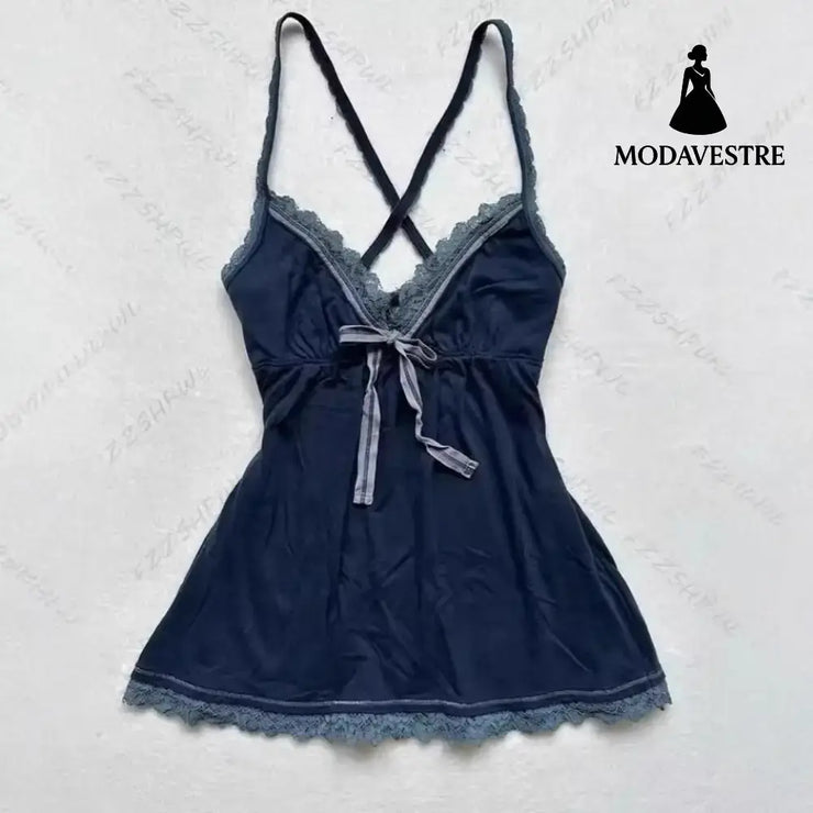 Lace Trim V-Neck Cami Top – Dark Blue Cross-Back Strap Design