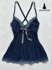 Lace Trim V-Neck Cami Top – Dark Blue Cross-Back Strap Design Dark Blue / S