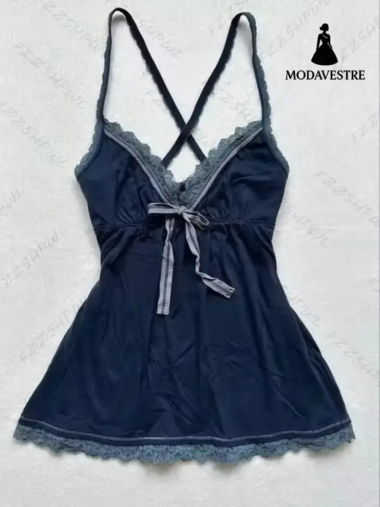 Lace Trim V-Neck Cami Top – Dark Blue Cross-Back Strap Design Dark Blue / S