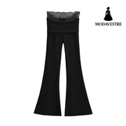 Lace turned high waisted casual micro flared pants Black / S
