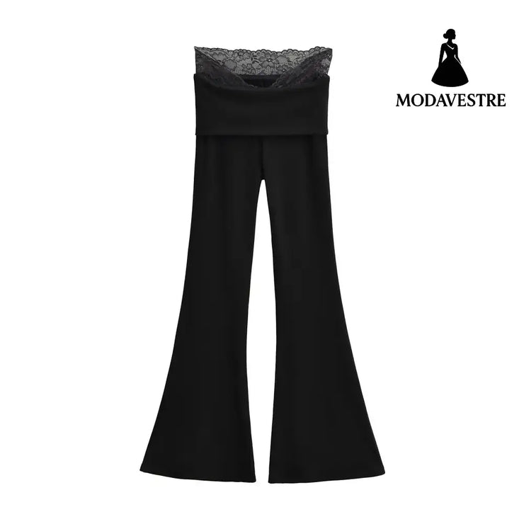 Lace turned high waisted casual micro flared pants Black / S