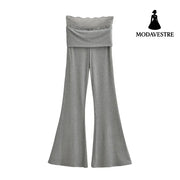 Lace turned high waisted casual micro flared pants Gray / S