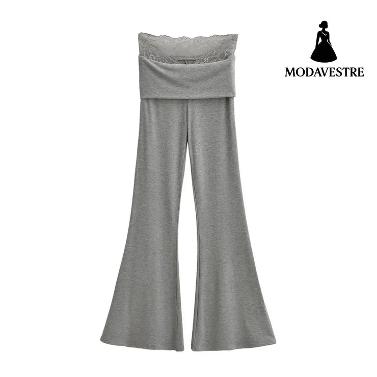 Lace turned high waisted casual micro flared pants Gray / S