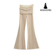 Lace turned high waisted casual micro flared pants Light Khaki / S