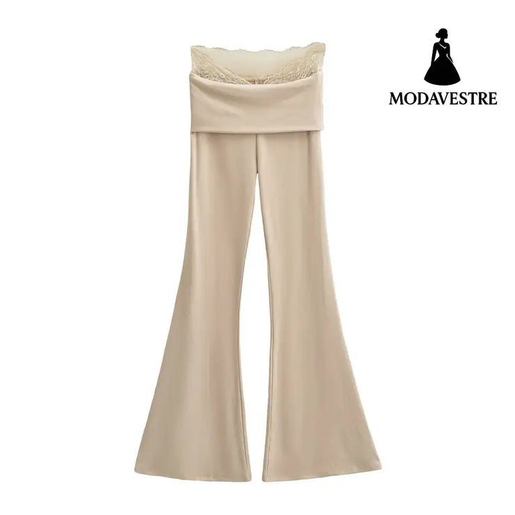 Lace turned high waisted casual micro flared pants Light Khaki / S