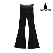 Lace turned high waisted slightly flared casual pants Black / S