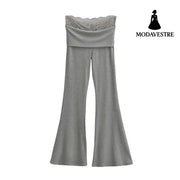 Lace turned high waisted slightly flared casual pants Gray / S
