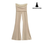 Lace turned high waisted slightly flared casual pants Light Khaki / S