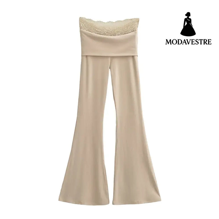 Lace turned high waisted slightly flared casual pants Light Khaki / S