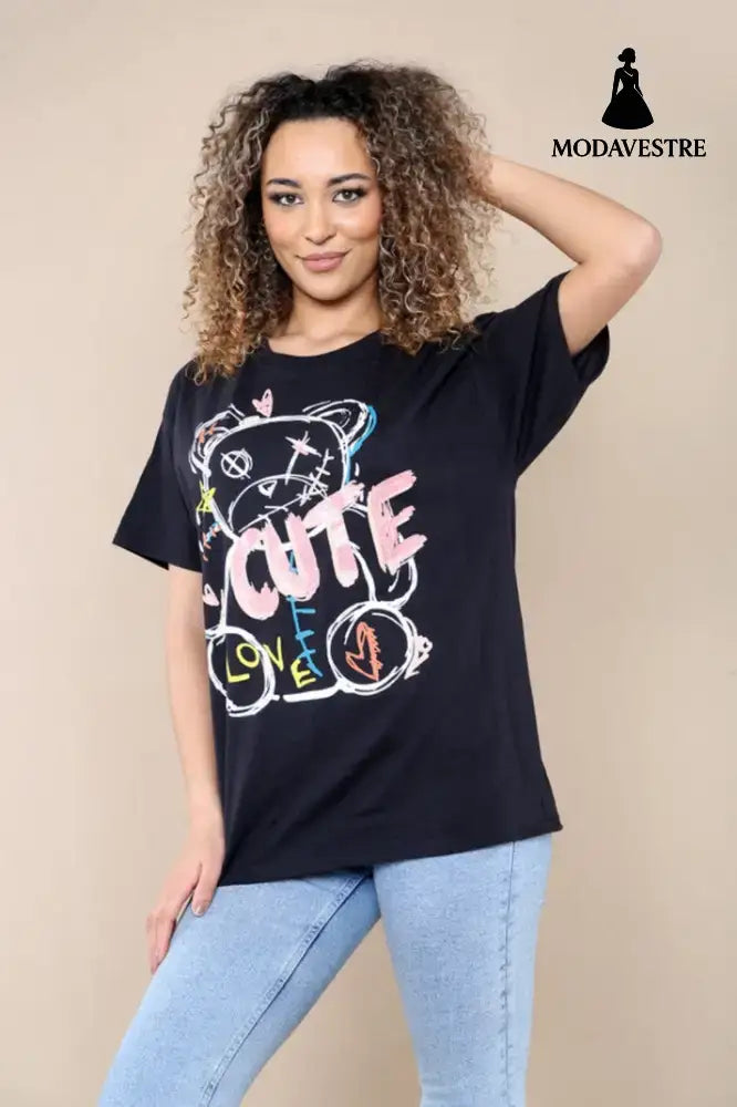 Ladies Cute Printed Short Sleeves T Shirt Top Black / ML / One