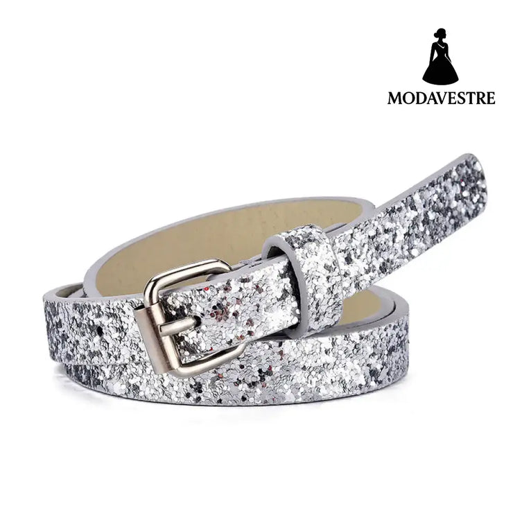 Ladies Kids Belts Heart Glitter Jeans Cropped Glitter Silver