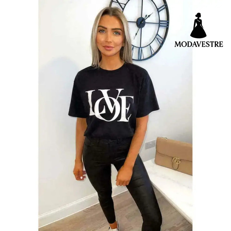 Ladies Oversized Love Print Slogan Short Sleeves T Shirt Top
