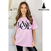 Ladies Oversized Love Print Slogan Short Sleeves T Shirt Top Baby Pink / ML / One