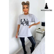 Ladies Oversized Love Print Slogan Short Sleeves T Shirt Top Grey / ML / One