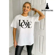Ladies Oversized Love Print Slogan Short Sleeves T Shirt Top White / ML / One