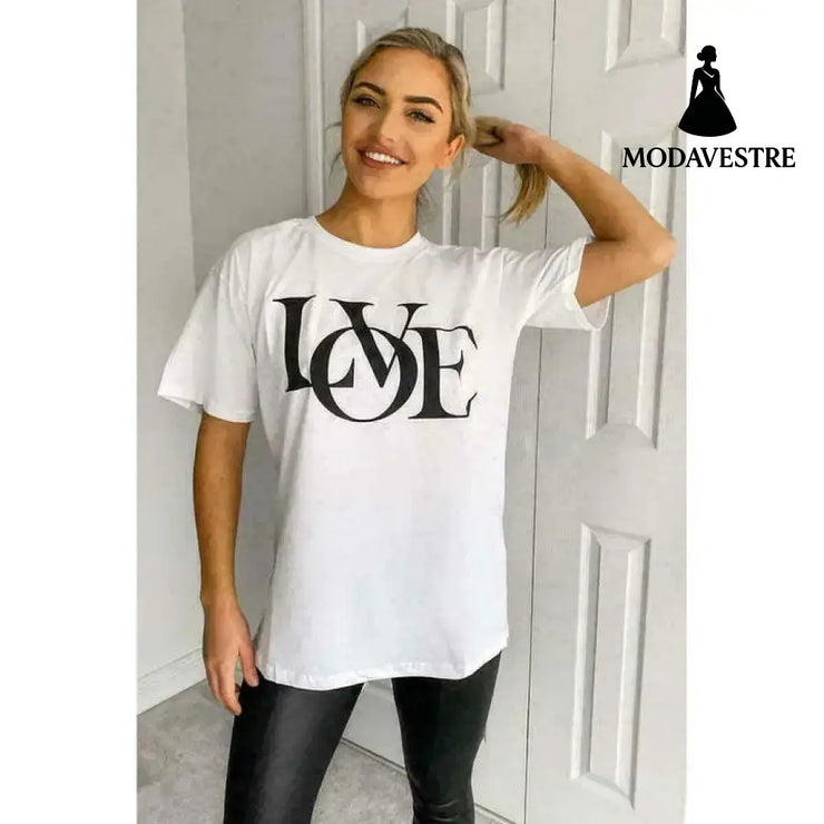 Ladies Oversized Love Print Slogan Short Sleeves T Shirt Top White / ML / One