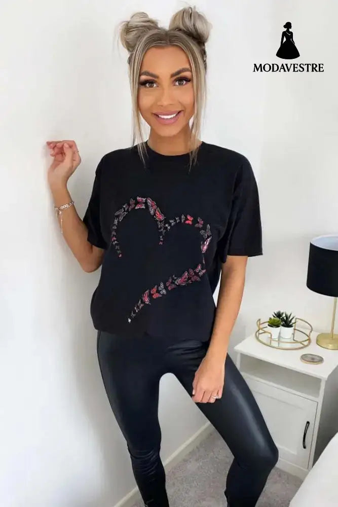 Ladies Oversized Printed Heart Short Sleeves T Shirt Top Black / ML / One