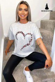 Ladies Oversized Printed Heart Short Sleeves T Shirt Top Grey / ML / One