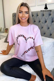 Ladies Oversized Printed Heart Short Sleeves T Shirt Top Pink / ML / One
