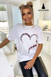 Ladies Oversized Printed Heart Short Sleeves T Shirt Top White / ML / One