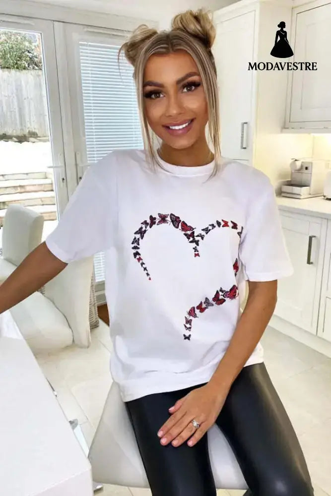 Ladies Oversized Printed Heart Short Sleeves T Shirt Top White / ML / One