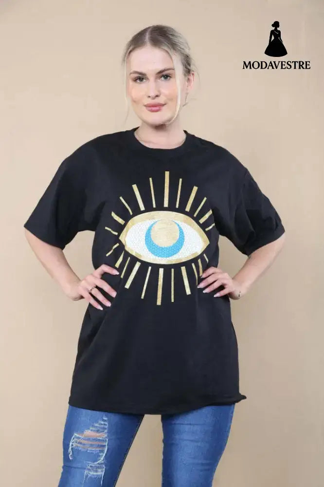 Ladies Oversized Sequin Eye Printed Short Sleeves T Shirt Top