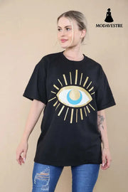 Ladies Oversized Sequin Eye Printed Short Sleeves T Shirt Top