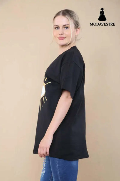Ladies Oversized Sequin Eye Printed Short Sleeves T Shirt Top