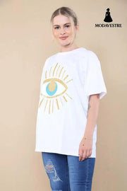 Ladies Oversized Sequin Eye Printed Short Sleeves T Shirt Top