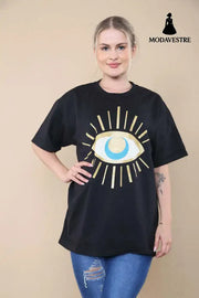 Ladies Oversized Sequin Eye Printed Short Sleeves T Shirt Top Black / ML / One