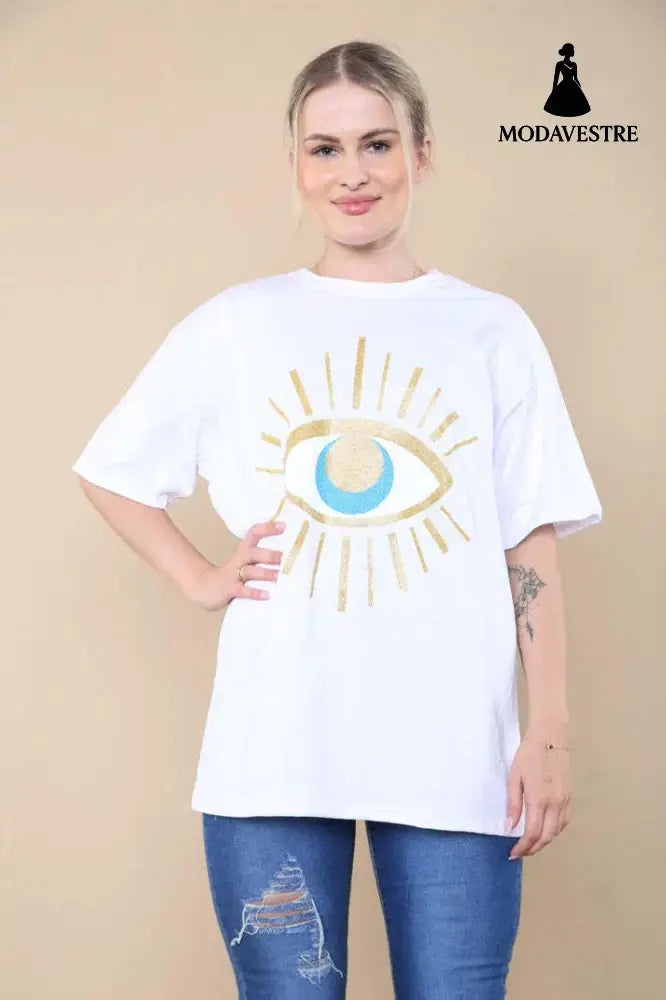 Ladies Oversized Sequin Eye Printed Short Sleeves T Shirt Top White / ML / One